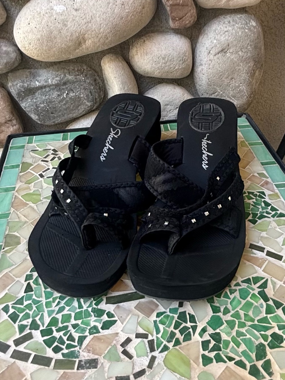 Skechers Women’s Black Embellished Thong Sandals